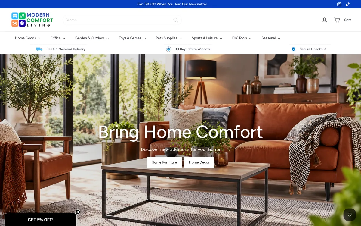 Modern Comfort Living homepage on desktop