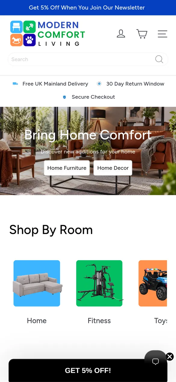 Modern Comfort Living homepage on mobile