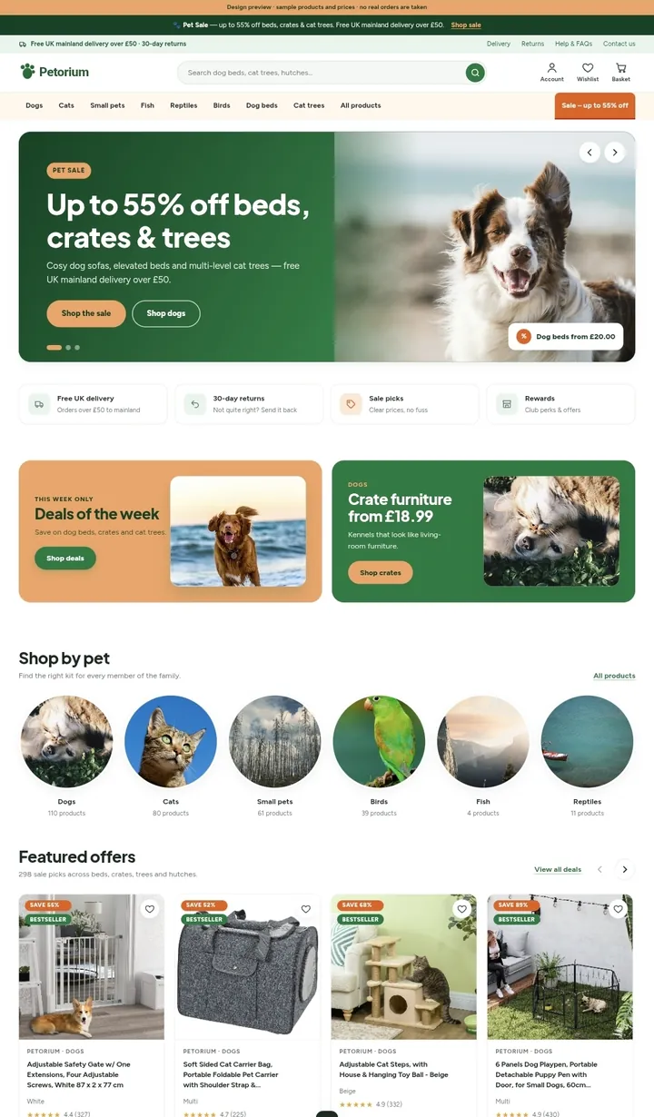 Petorium Shopify homepage with shop-by-pet navigation