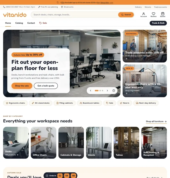 vitanido office furniture homepage with category tiles